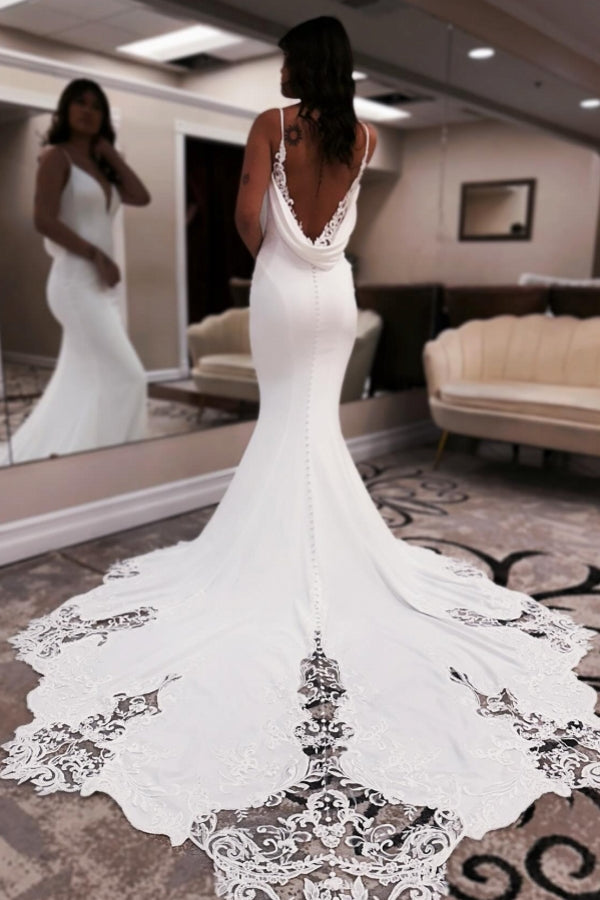 Robe de mariée longue blanche élégante sirène à col en V, bretelles fines, dos nu avec dentelle