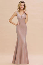 Elegant Mermaid Evening Party Dress Sleeveless V-neck Silk Slim Prom Gown