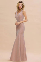 Elegant Mermaid Evening Party Dress Sleeveless V-neck Silk Slim Prom Gown