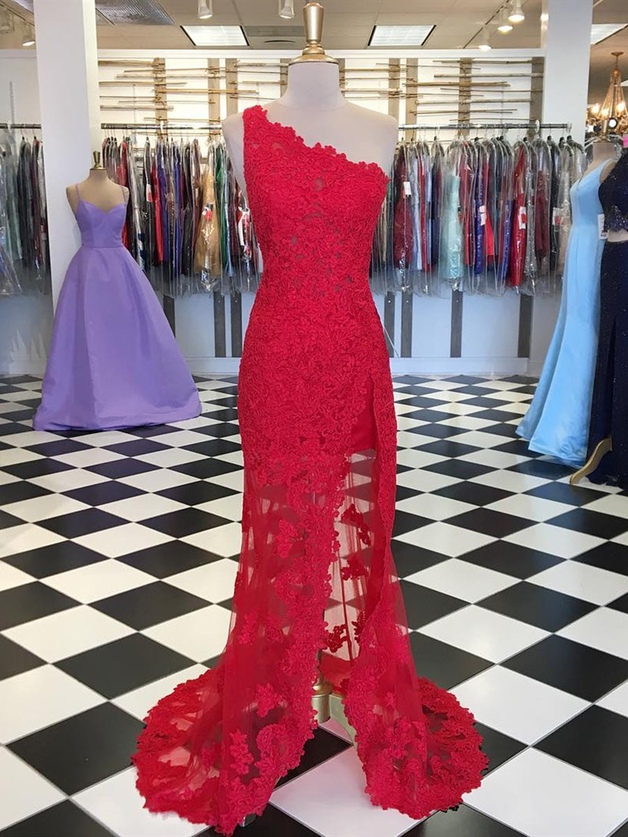 Robes de bal longues élégantes sirène en dentelle à une épaule avec fente haute