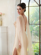 Robe de bal élégante sirène en polyester tricoté, décolleté arrondi, sans manches, or champagne, ornée de perles, fermeture éclair, fente