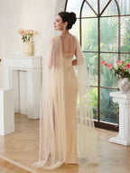 Robe de bal élégante sirène en polyester tricoté, décolleté arrondi, sans manches, or champagne, ornée de perles, fermeture éclair, fente