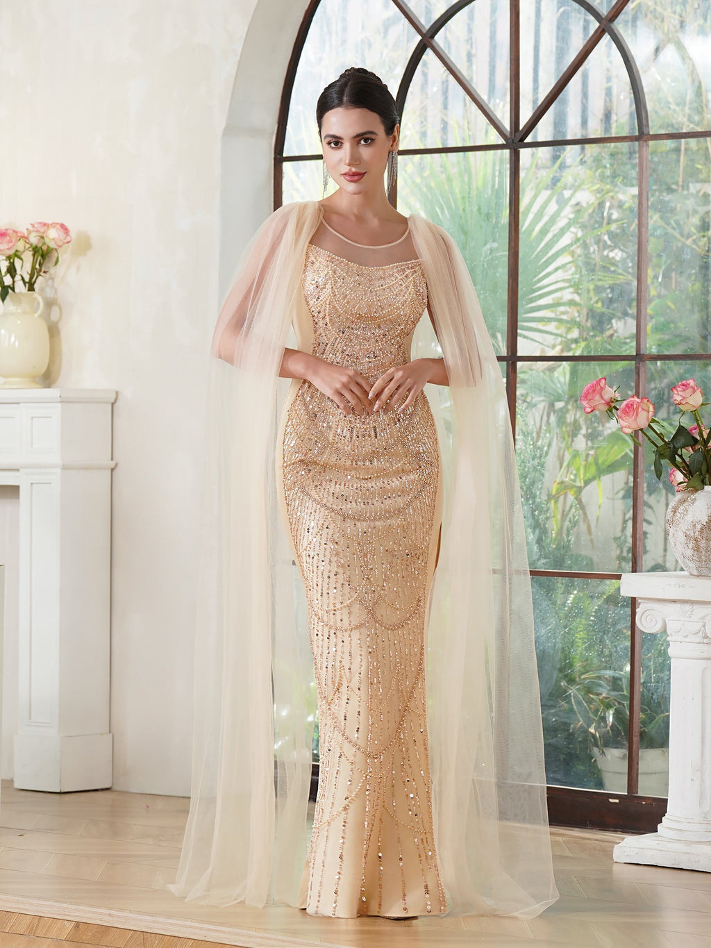 Robe de bal élégante sirène en polyester tricoté, décolleté arrondi, sans manches, or champagne, ornée de perles, fermeture éclair, fente