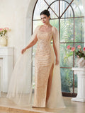 Robe de bal élégante sirène en polyester tricoté, décolleté arrondi, sans manches, or champagne, ornée de perles, fermeture éclair, fente