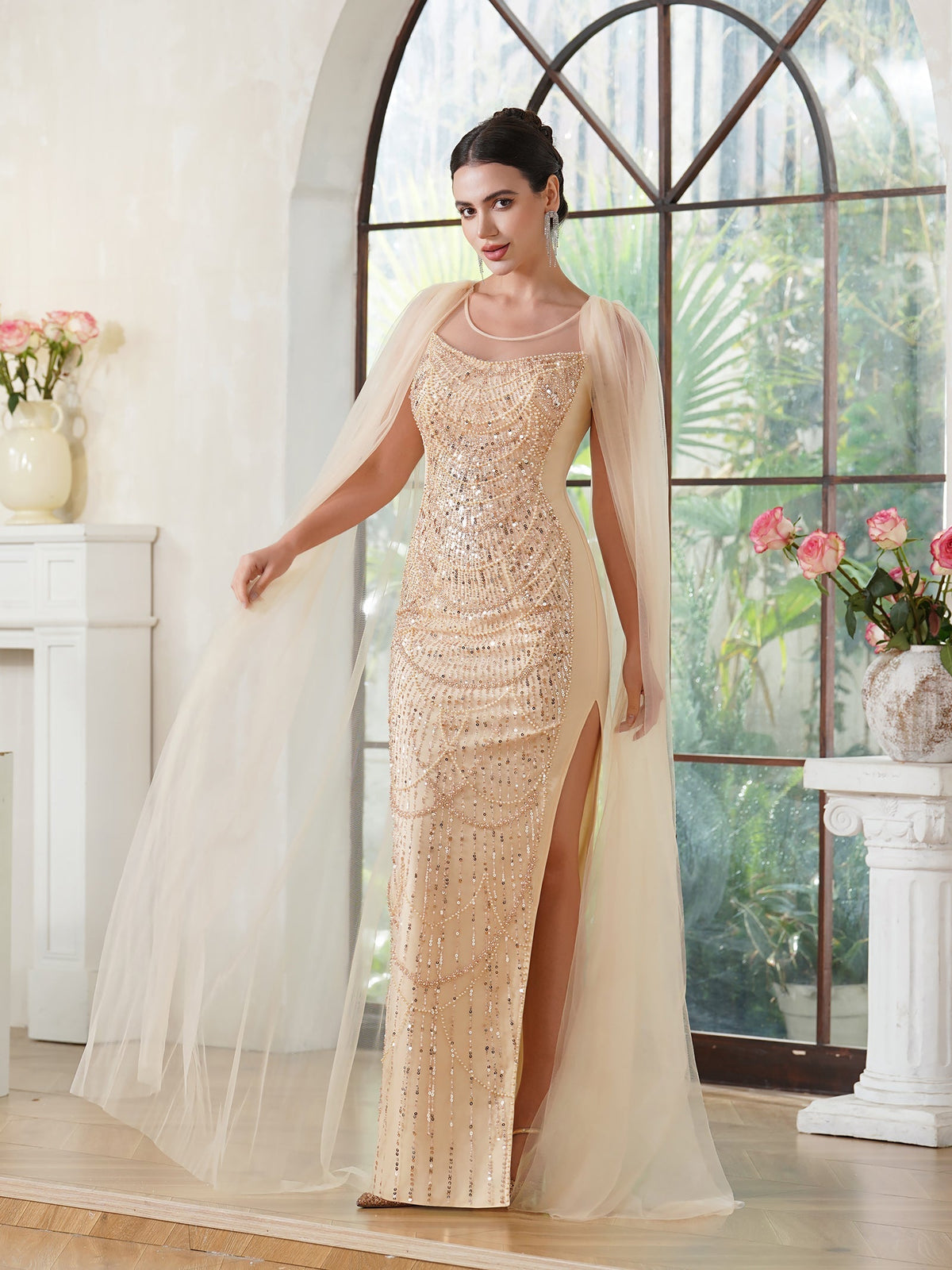 Robe de bal élégante sirène en polyester tricoté, décolleté arrondi, sans manches, or champagne, ornée de perles, fermeture éclair, fente