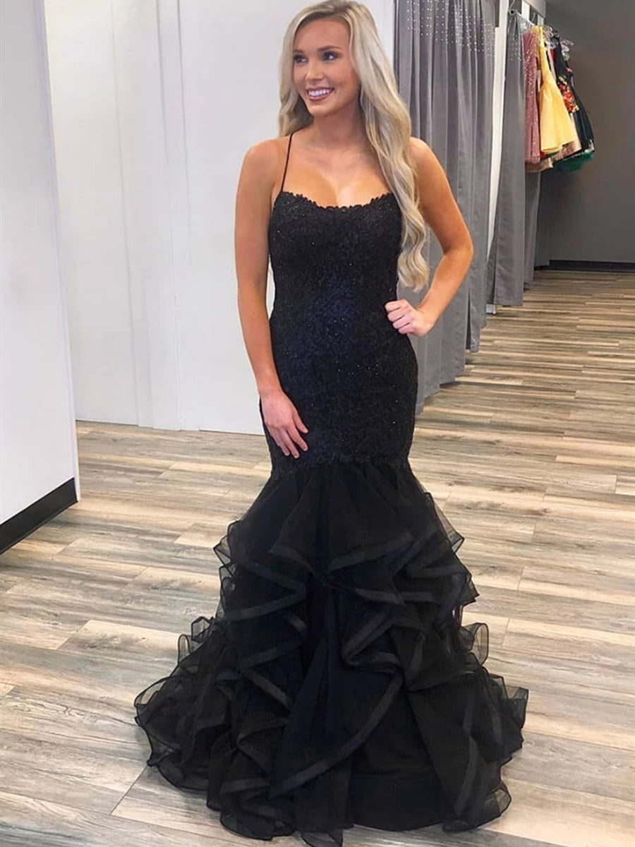 Robes longues de bal élégantes sirène en dentelle noire bouffante Robes de soirée formelles noires