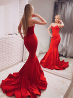 Robes de bal longues en satin rouge élégantes, bustier sans bretelles, style sirène, robes de soirée formelles