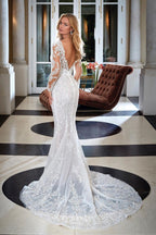 Robe de mariée élégante sirène à col en V, dos nu en dentelle avec appliques et manches longues