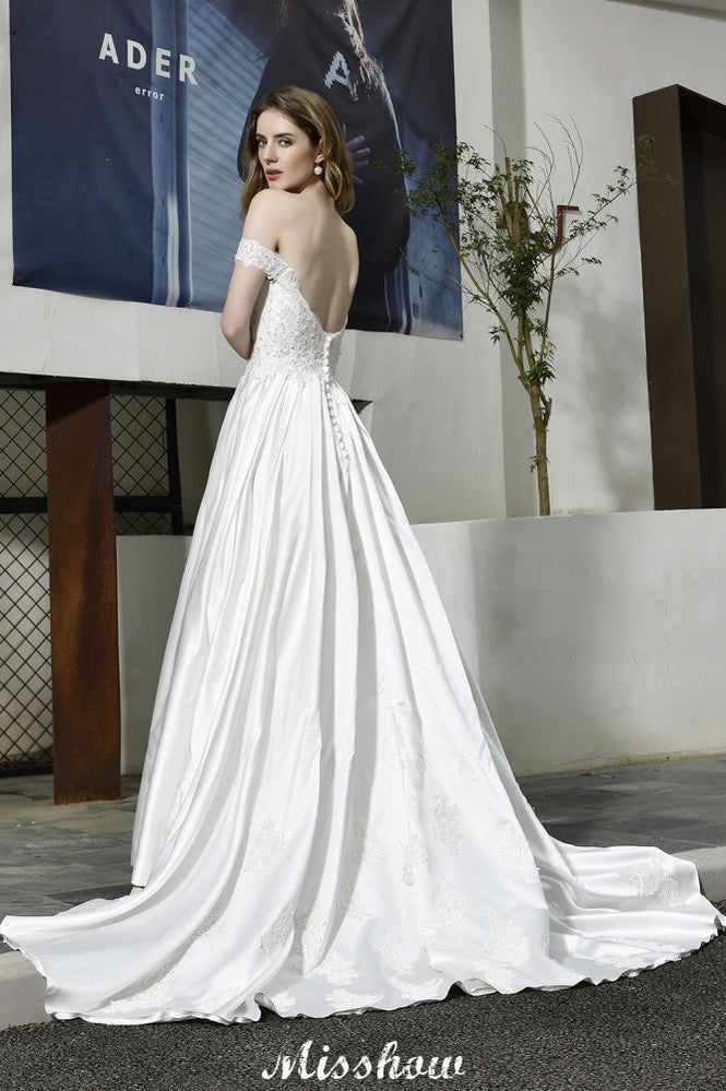 Robe de mariée élégante en satin, longue jusqu'au sol, à épaules dénudées, décolleté en cœur, dentelle florale, coupe évasée