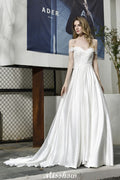 Robe de mariée élégante en satin, longue jusqu'au sol, à épaules dénudées, décolleté en cœur, dentelle florale, coupe évasée