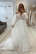 Vestido de noiva elegante com decote em V, corte em A, aplicações e ombros descobertos, com mangas compridas