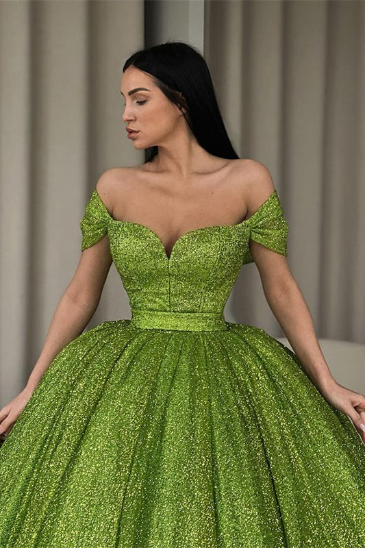 Robe de bal verte élégante à paillettes, ligne A, décolletée épaules dénudées