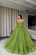 Robe de bal verte élégante à paillettes, ligne A, décolletée épaules dénudées