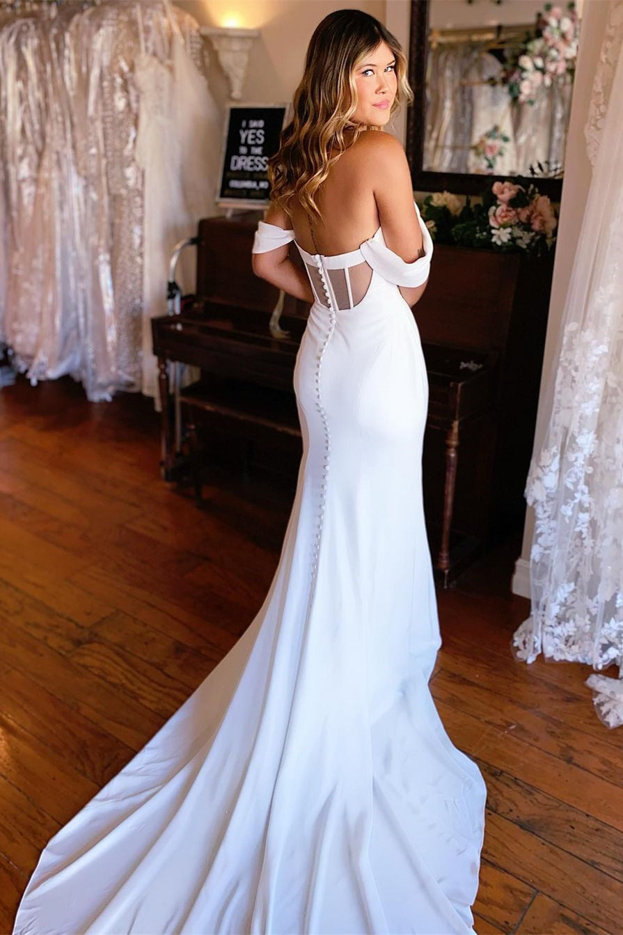 Vestido de Noiva Elegante em Cetim, Sereia, Ombros Descobertos, Costas Nuas, com Cauda