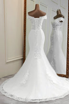 Elegant Off The Shoulder White Mermaid Wedding Dress With Beading And Lace