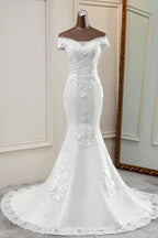 Elegant Off The Shoulder White Mermaid Wedding Dress With Beading And Lace