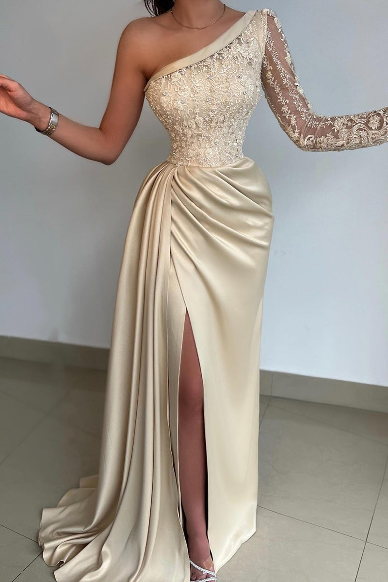 Robe de bal élégante en satin à manche longue, à une épaule, en dentelle, avec fente