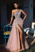 Vestito da sera elegante monospalla senza maniche con paillettes, spacco frontale e linea a trapezio