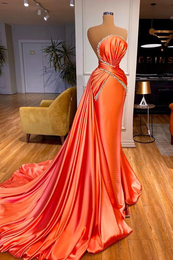 Robe de bal sirène élégante en cristal orange avec traîne amovible