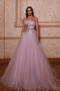 Robe de bal élégante rose en tulle sans manches, coupe trapèze, ornée de perles