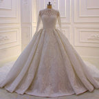 Robe de mariée élégante princesse en ligne A, col haut, en dentelle pailletée, à manches longues