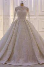 Robe de mariée élégante princesse en ligne A, col haut, en dentelle pailletée, à manches longues