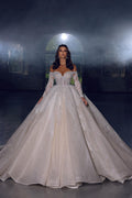 Vestido de Noiva Elegante Princesa em Linha A com Aplicações de Renda Ombro a Ombro e Mangas Compridas