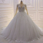 Elegantes Prinzessin-A-Linien-Brautkleid aus Tüll mit V-Ausschnitt und langen Ärmeln