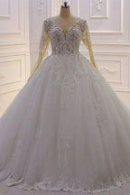 Elegantes Prinzessin-A-Linien-Brautkleid aus Tüll mit V-Ausschnitt und langen Ärmeln