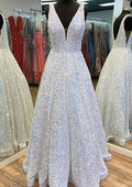 A-line V Neck Sleeveless Velvet Sequins Long Prom Dress With Pockets