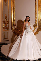 Elegant Princess Long A-line V-neck One Shoulder Satin Wedding Dresses