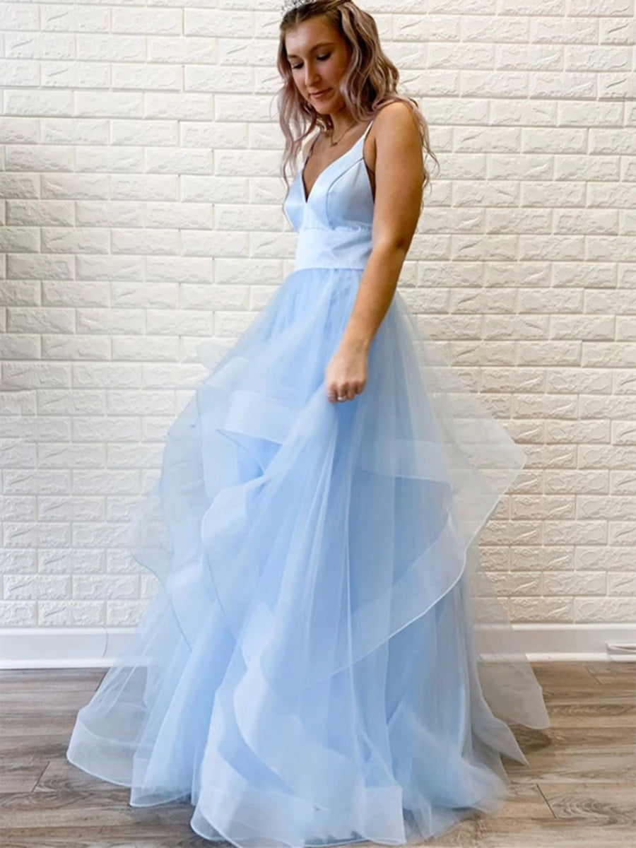 Robe de bal longue élégante princesse à col en V, bretelles fines et manches bouffantes en organza