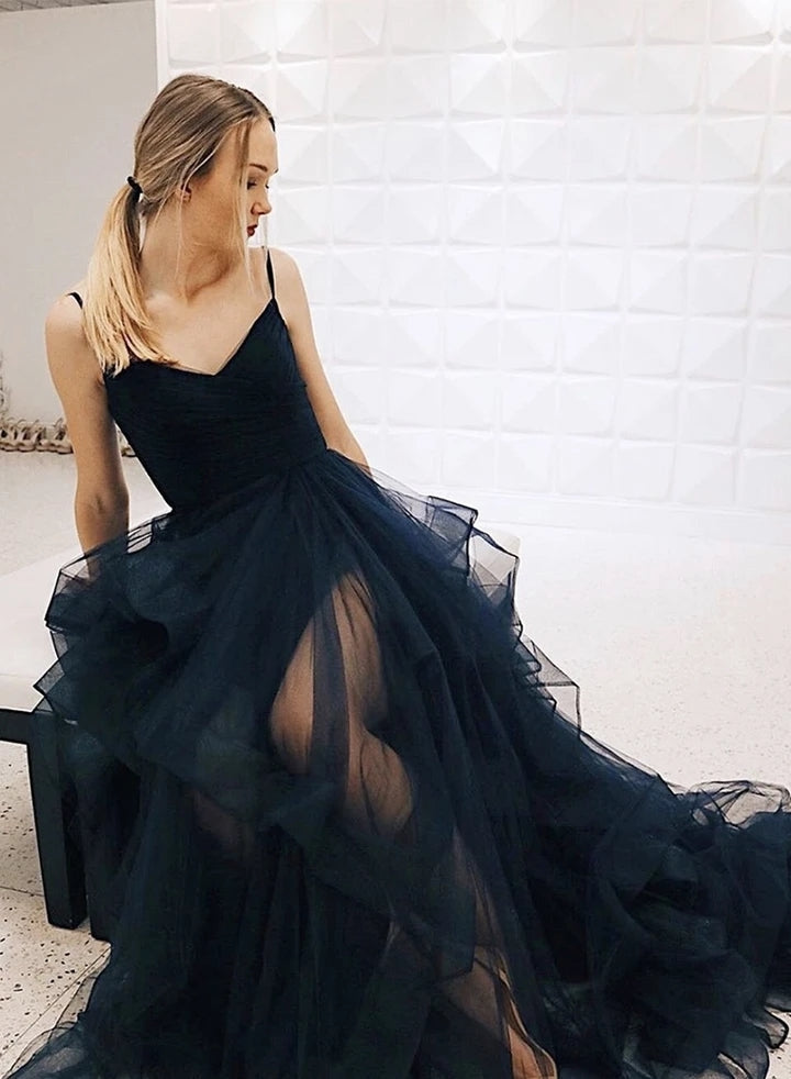 Robes longues de soirée formelles en tulle à col en V élégantes pour princesses