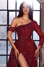 Vestido de baile elegante vermelho, corte em A, com uma manga comprida e um ombro só, adornado com lantejoulas e fenda