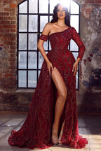 Vestido de baile elegante vermelho, corte em A, com uma manga comprida e um ombro só, adornado com lantejoulas e fenda