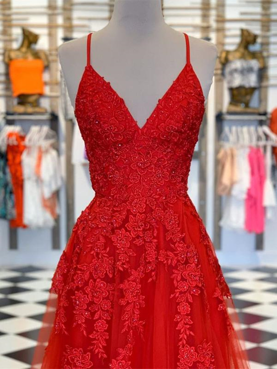 Elegante abito lungo rosso a linea ad A con scollo a V in tulle e pizzo per cerimonie di laurea e balli formali