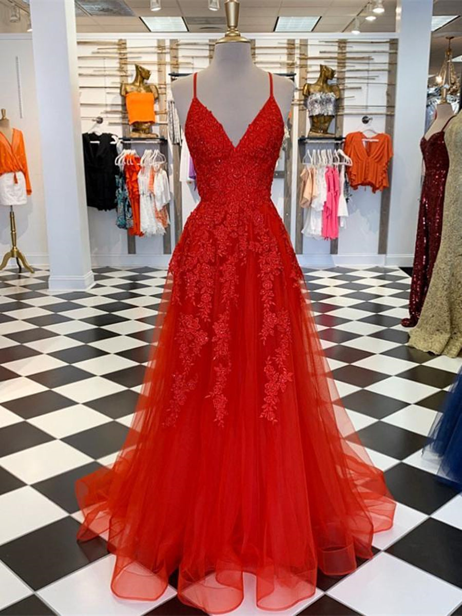 Elegante abito lungo rosso a linea ad A con scollo a V in tulle e pizzo per cerimonie di laurea e balli formali