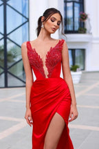 Vestidos de Baile Elegantes Vermelhos com Decote em V Longo e Fenda Frontal com Brilho