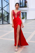 Vestidos de Baile Elegantes Vermelhos com Decote em V Longo e Fenda Frontal com Brilho