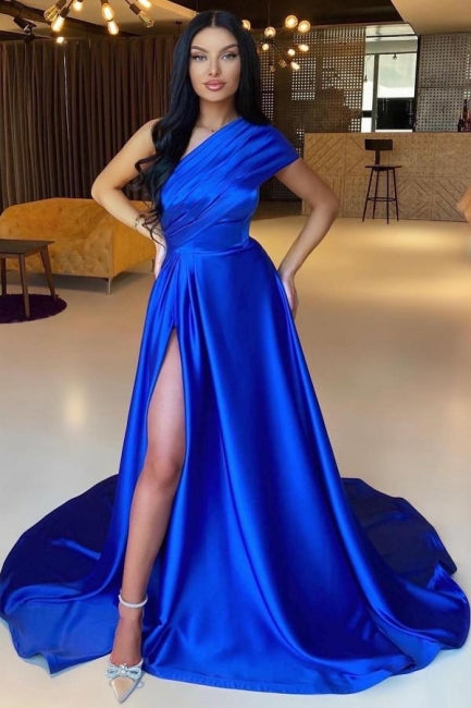 Robe de bal longue simple bleu royal élégante en ligne A à une épaule avec fente
