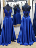 Elegantes, königsblaues, langes, rückenfreies A-Linien-Kleid mit V-Ausschnitt und Satinspitze