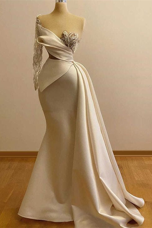 Vestido de baile elegante de cetim, com um ombro só, corte sereia e comprimento até ao chão