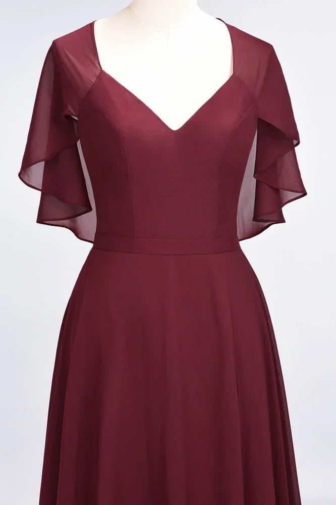 Elegant Satin V-Neck Short Sleeve Princess Bridesmaid Dress Ruffle Chiffon Wedding Guest Dress