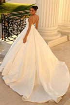 Elegant Satin Backless Spaghetti Strap Wedding Dress Ball Gown With Court Train