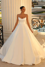 Elegant Satin Backless Spaghetti Strap Wedding Dress Ball Gown With Court Train