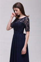 Abito da sera elegante a linea ad A in chiffon con scollo a tuffo e pizzo