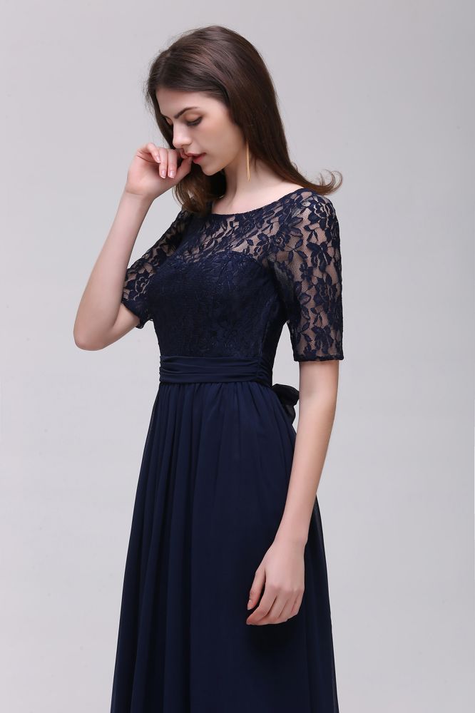 Abito da sera elegante a linea ad A in chiffon con scollo a tuffo e pizzo