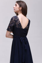 Abito da sera elegante a linea ad A in chiffon con scollo a tuffo e pizzo