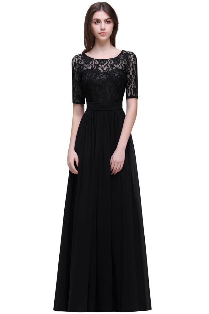Abito da sera elegante a linea ad A in chiffon con scollo a tuffo e pizzo