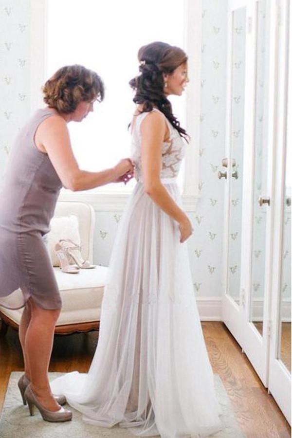Elegantes U-Ausschnitt A-Linie Tüll Strand Brautkleid